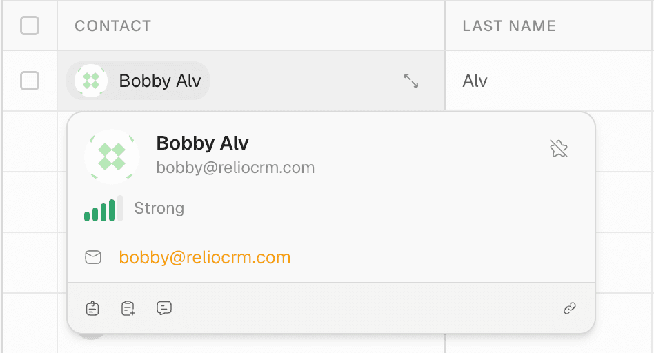 Relio relationship intelligence with a contact record showing connection strength, linked properties, activity timeline.